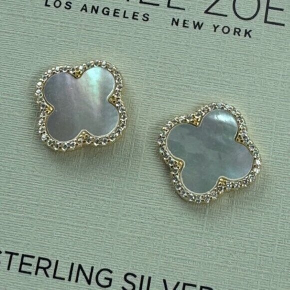 Rachel Zoe Mother of Pearl Sterling Silver 925 Gold Plated Clover Stud Earrings